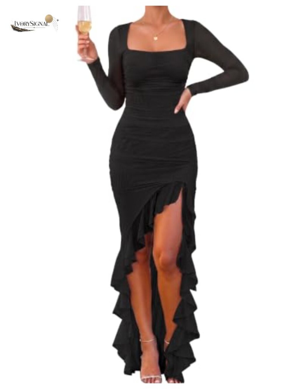 Women's Bodycon Long Sleeve Ruffle Hem Cocktail Maxi Dress